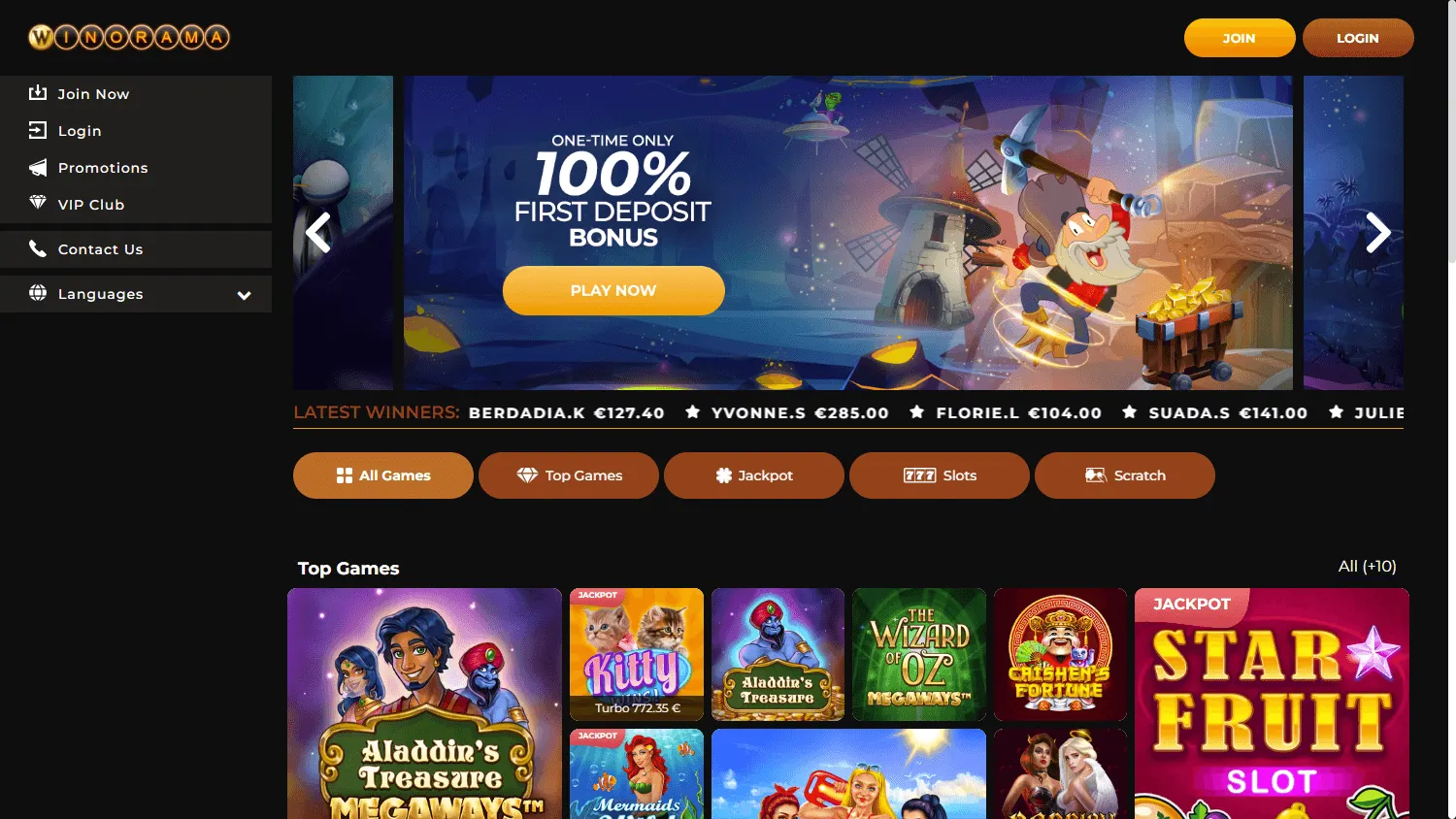Winorama Casino desktop home with the $7 no deposit offer