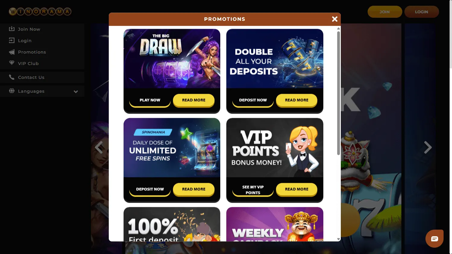 Winorama Casino desktop promotions with joining offers