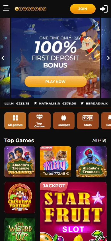 Winorama Casino mobile home on a responsive browser